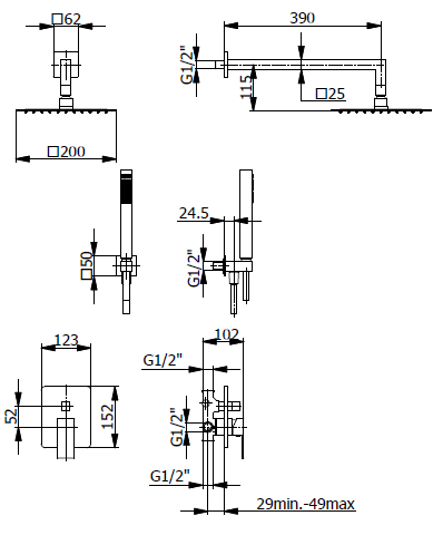 INCASSO BLACK SQUARE BUILT-IN COMPLETE CONCEALED SHOWER MIXER