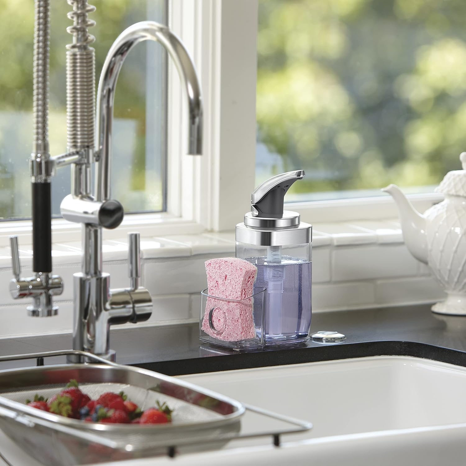 Square Push Pump Soap Dispenser with Sponge Caddy Brushed Nickel 650ml