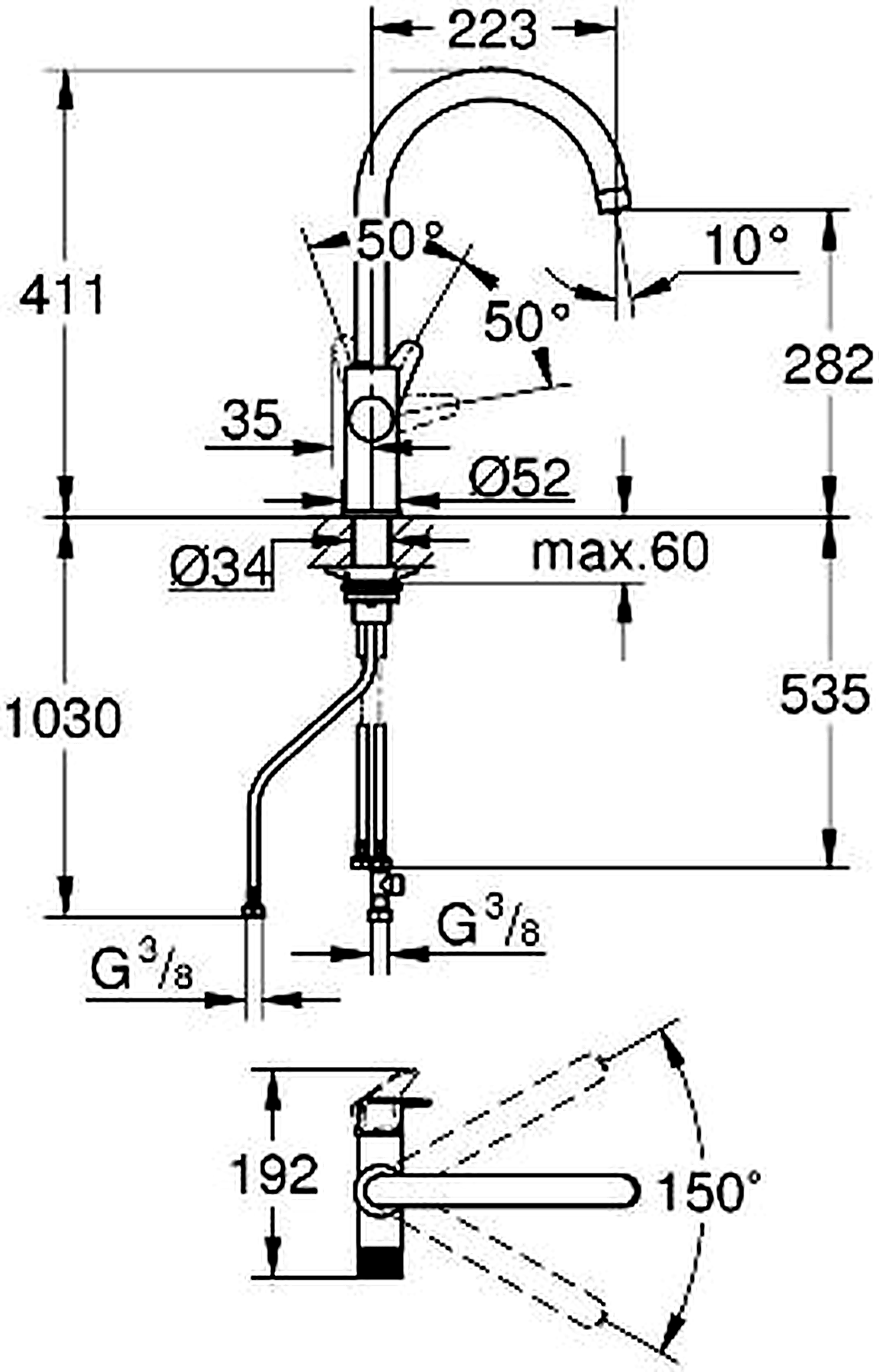 GROHE 30580000 high-resolution technical drawing