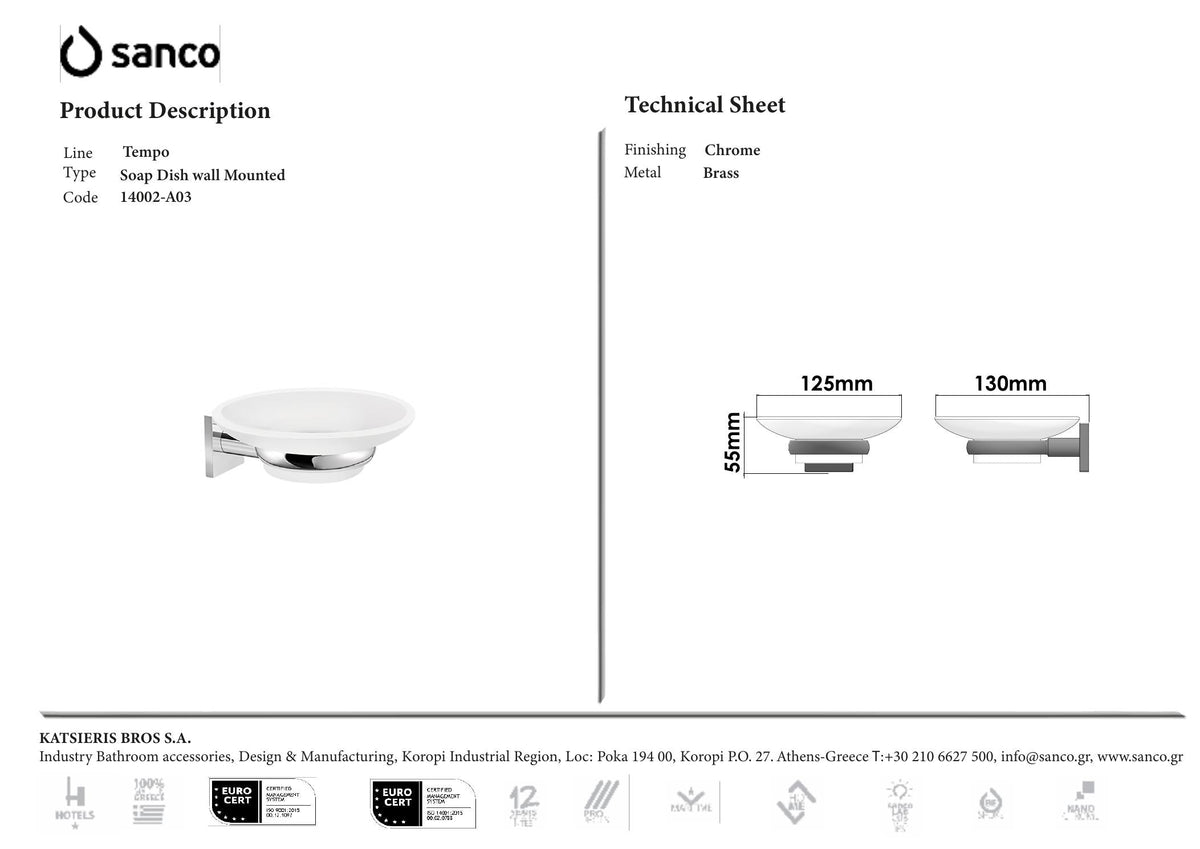 SANCO TEMPO SOAP DISH CHROME technical drawing and dimensions