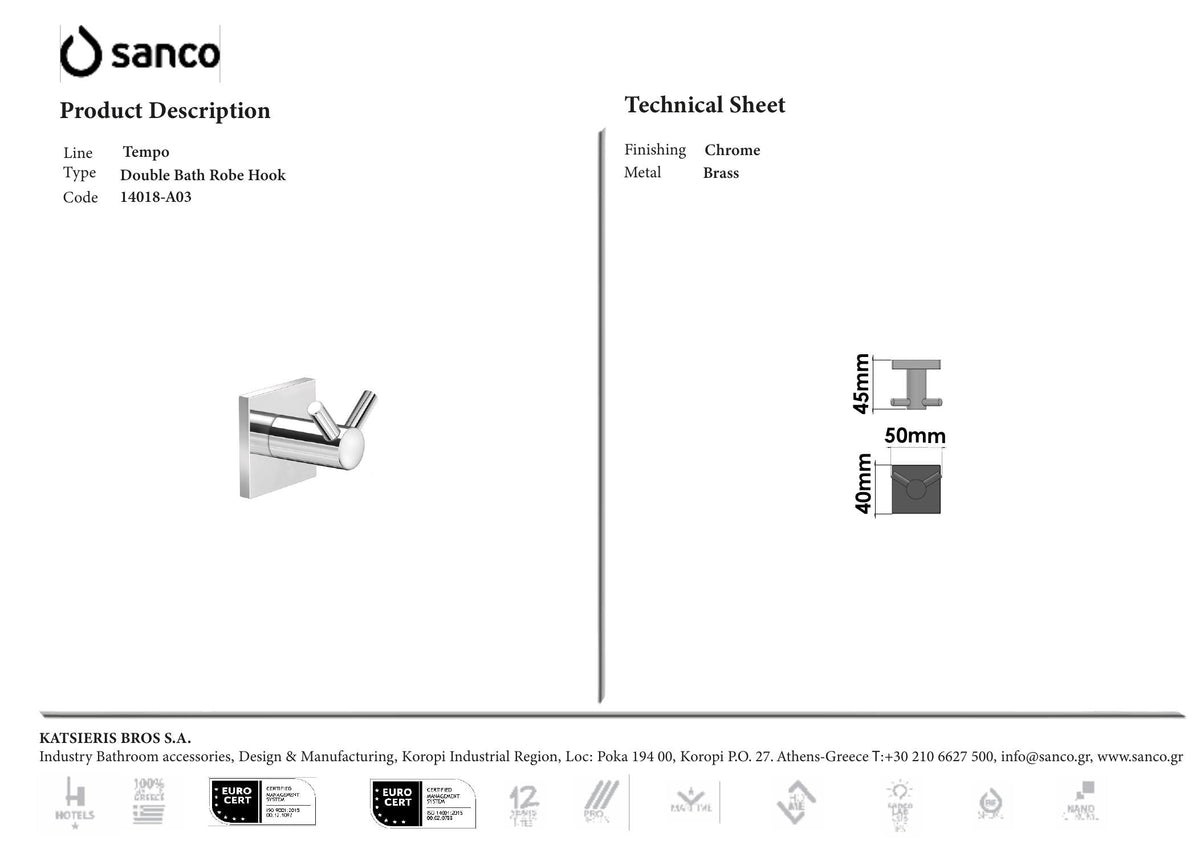 SANCO TEMPO ROBE HOOK DOUBLE CHROME technical drawing and dimensions