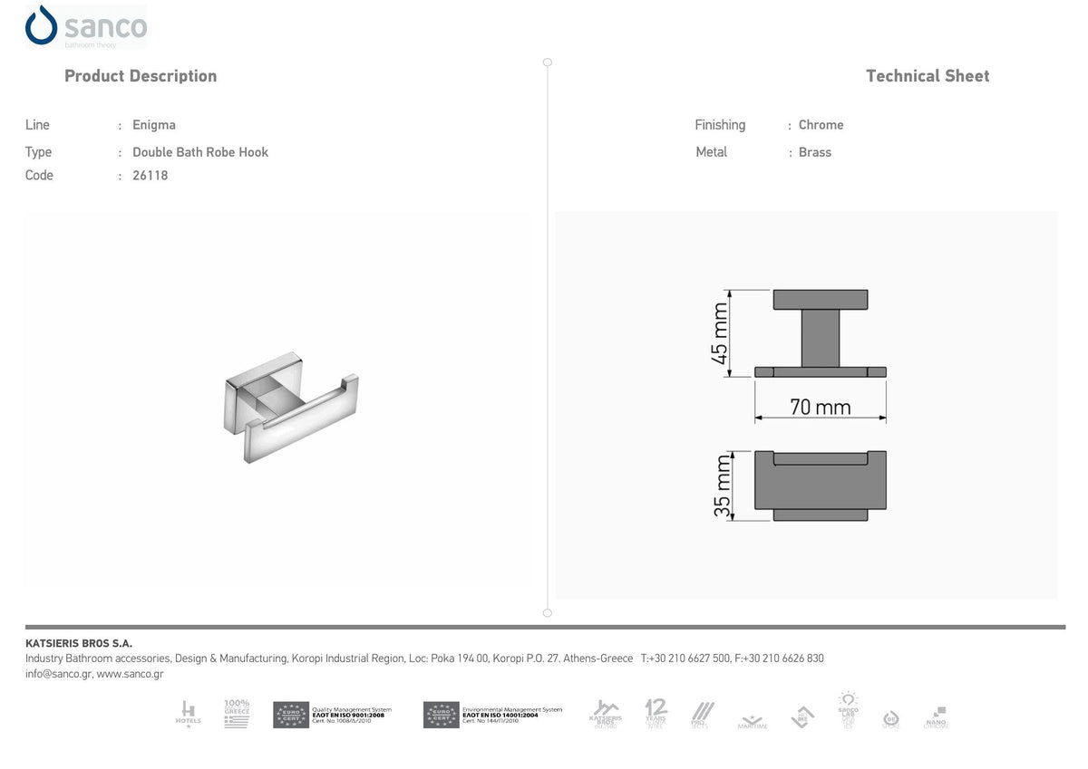 ENIGMA ROBE HOOK DOUBLE BLACK MATT technical drawing and dimensions